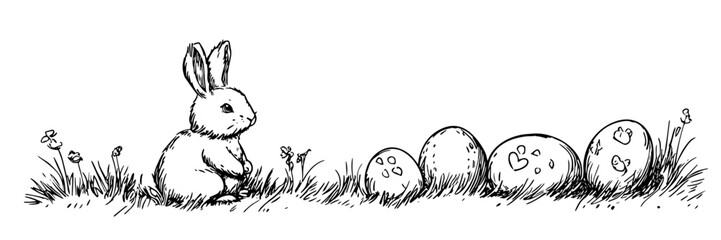 Easter bunny sitting near eggs in grass doodle vector sketch engraving