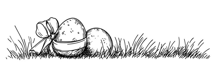 cracked easter egg with ribbon in grass vector doodle black sketch illustration