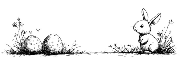 easter bunny with eggs and flowers vector doodle black sketch illustration