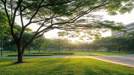 Obraz premium Park Landscape With Lush Trees And Sunlight