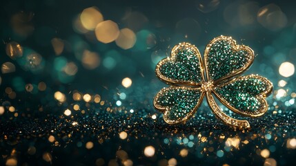 Fototapeta premium An elegant St. Patricks Day design with lush green hues, detailed shamrocks layered in depth, and a sparkling golden-edged four-leaf clover centerpiece