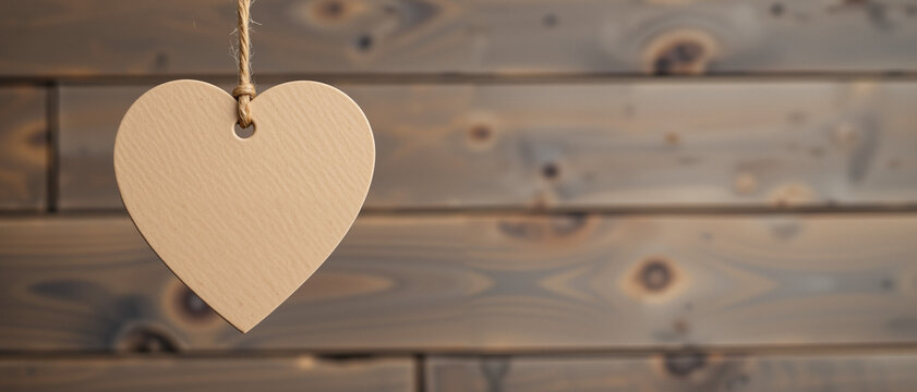 Hanging wooden heart tag with natural tones conveying love and affection on a rustic wooden background - Powered by Adobe