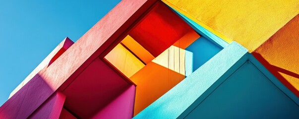 Colorful geometric abstract architecture with red, blue, yellow, and orange shapes