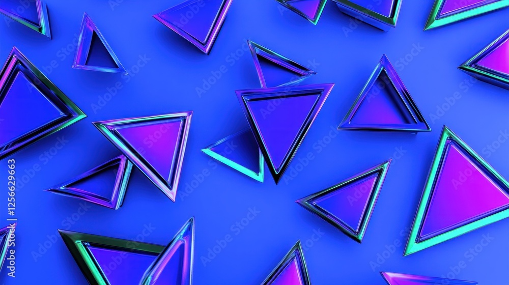 Poster abstract background with scattered iridescent triangles on blue.