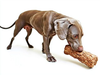 Weimaraner is captured in side view while chewing on sturdy bone. canine appears focused and content as it plays its toy in pristine environment.