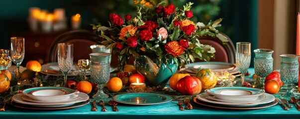 Elegant festive table setting with colorful flowers and fruit centerpiece