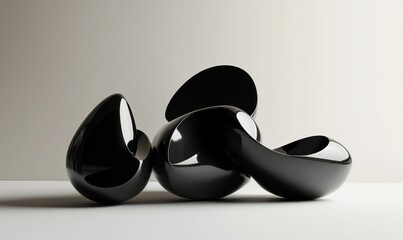 Abstract black glossy shapes, modern sculpture.