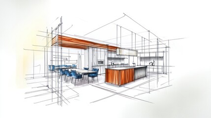 Architectural Watercolor Kitchen Design Drawing