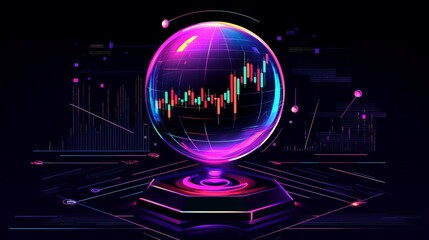 Investor forecast concept with a floating crystal orb showing candlestick patterns, surrounded by dynamic trading lines and data streams