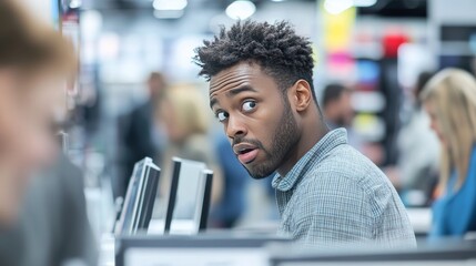 Fototapeta premium Frustrated tech buyer in a crowded electronics store. Featuring high prices and long lines