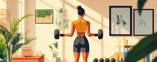 Young woman exercising with dumbbells in home gym with indoor plants and wall art
