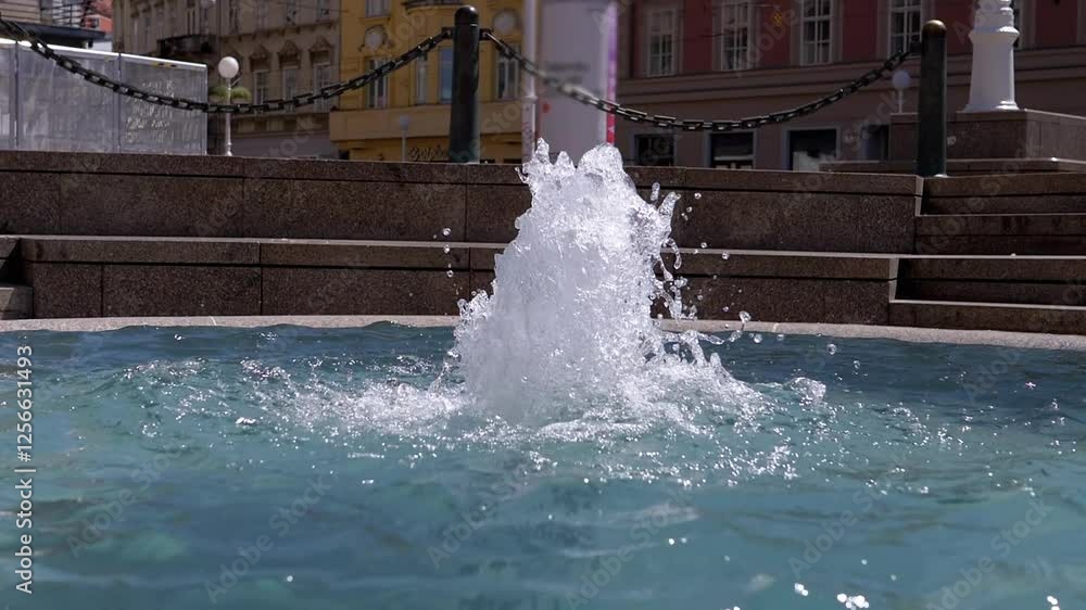Poster close-up of a city fountain with water splashing, creating a refreshing atmosphere. the background f