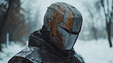 Post-apocalyptic warrior wearing a rusted metal helmet and armor, standing in a snowy forest with a mysterious and intense presence