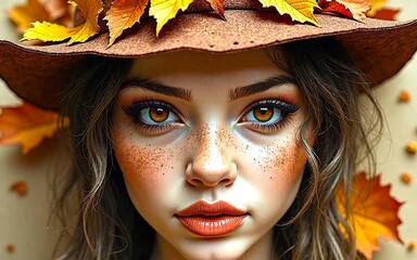 girl in a hat with autumn leaves