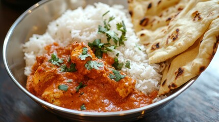 Image of rice and spicy chicken tikka masala with naan bread in a stainless steel bowl, emphasizing rich and spicy characteristics. Ideal for Indian cuisine and hearty meals.