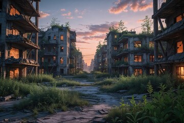 Urban Dystopia with Lush Vegetation at Dusk