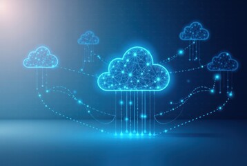 Blue Cloud Servers Representing Cloud Computing Network Technology. Excellent visual for illustrating data storage solutions, modern network infrastructure.
