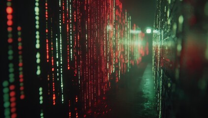 Dynamic Abstract Digital Corridor with Shifting Red and Green Binary Code Patterns