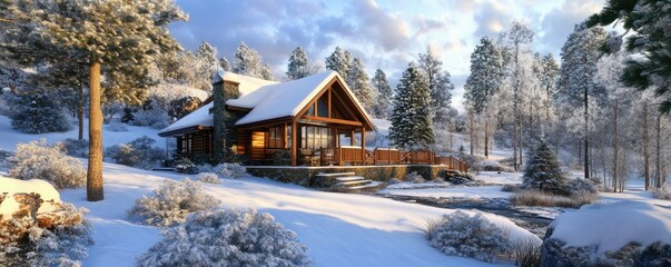 Cozy log cabin in snowy pine forest with creek and winter landscape