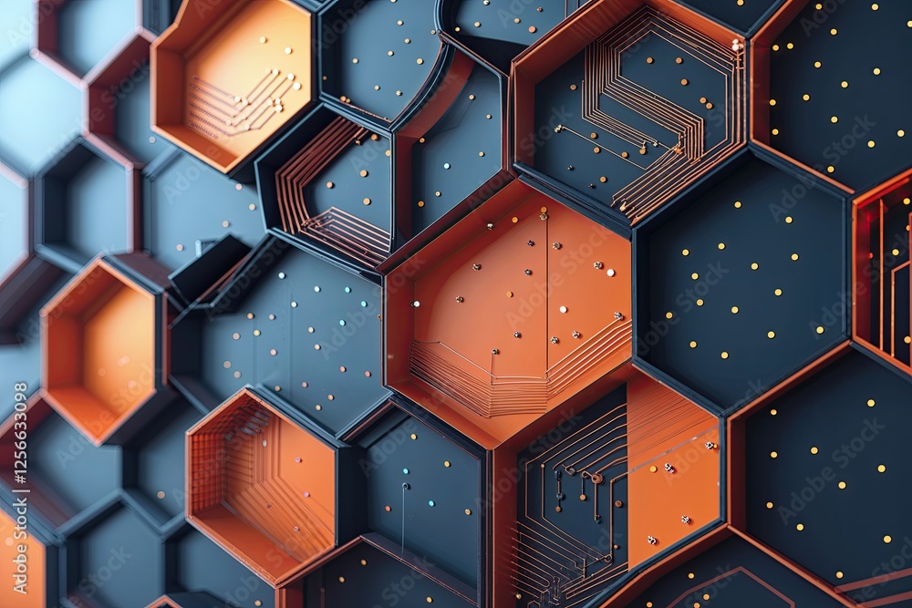 Poster modern abstract hexagonal array design with lines and dots for technology innovations and digital da