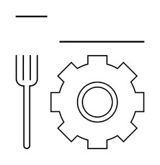 Fork beside a gear in minimalist line art suggests automation, food technology, or meal planning. Ideal for food industry, workflow design, smart kitchens, nutrition, meal services, process