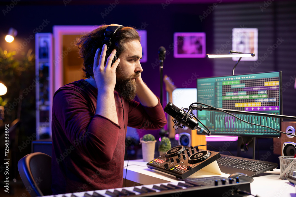 Leinwandbilder skilled confident musician editing tunes with daw software on microphone to create tracks with mixin