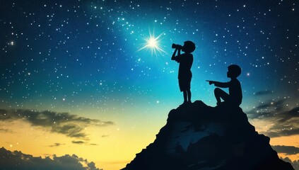 A silhouette of two boys on top of a mountain, one boy holding binoculars and looking at the stars in the night sky, the other sitting and pointing to the starry night sky Generative AI
