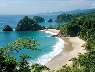 Fototapeta premium Remote beach cove captured from above, white sand blending into azure waves, tropical forest spilling onto the shore, untouched beauty