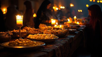 Candlelit feast with traditional food and people.