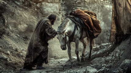 A depiction of the Good Samaritan helping a stranger