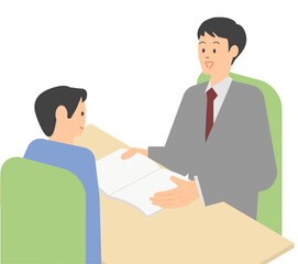 Obraz premium オフィスのテーブルで、パンフレットなどの資料を持って説明するスーツ姿の男性ビジネスマンのイラスト