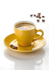 Fototapeta premium A Stunning of a Sleek Yellow Ceramic Coffee Cup with Light Foam, Elegantly Placed on a Matching Saucer Against a Pure White Background