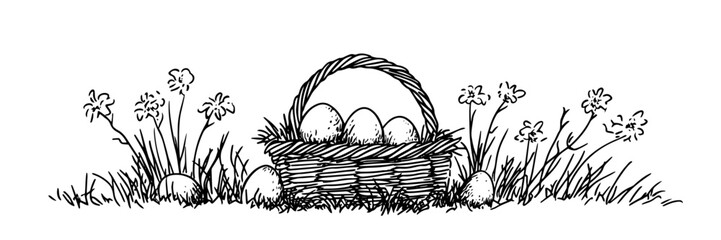 Easter basket with eggs and flowers in grass black vector engraving illustration