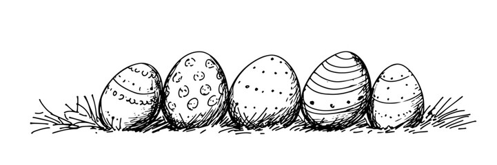 decorated Easter eggs in grass doodle sketch black vector engraving 