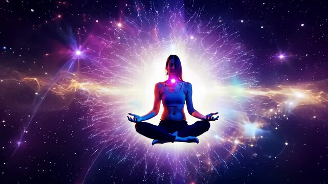 Mystical woman meditating in cosmic space with glowing aura and energy field. Spiritual enlightenment and third eye awakening in celestial universe. mindfulness, higher consciousness, and inner peace