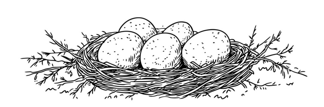 recommend clip art: bird nest with eggs Easter doodle sketch black vector engraving 