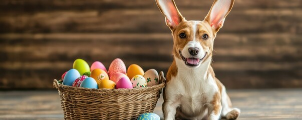 Happy beagle with easter eggs in basket on wooden background