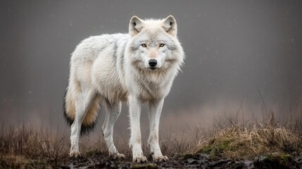 Obraz premium Arctic Wolf Portrait in Misty Forest
