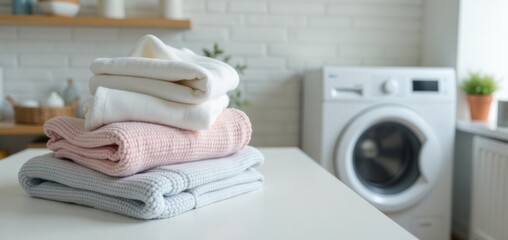 White Washing Machine with Stacked Towels in Bright Laundry Room. Ideal for illustrating household chores, laundry appliance advertising.