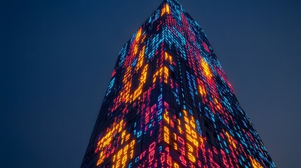 Illuminated Skyscraper Displays Digital Data Streams At Night
