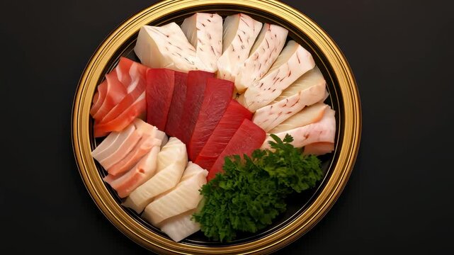 Artistic arrangement of fresh sashimi assortment in rotating display