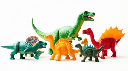Obraz premium Colorful plastic dinosaur toys on white background, ideal for children's education