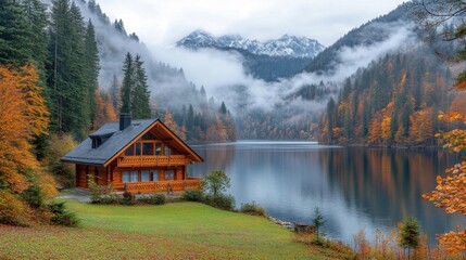 Fototapeta premium Scenic View of a Wooden House by a Serene Alpine Lake Surrounded by Autumn Colors and Majestic Mountains under a Mysterious Fog