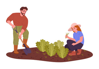 Agriculture harvesting. Farm workers doing gardening and husbandry, people harvesting crop and care about plants flat vector illustration. Farm work scene