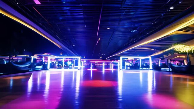 Vibrant neon lights reflecting on futuristic bowling alley floor. concept of modern entertainment, nightlife, leisure activities, urban recreation