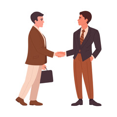 Fototapeta premium Businessmen handshake. Office people agreement, colleagues greeting or agreement gesture flat vector illustration. Business people shaking hands