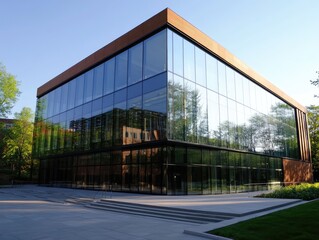 Fototapeta premium Modern Architecture: Glass Building Reflecting Nature in Urban Landscape