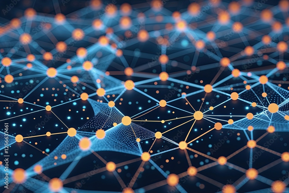 Poster revolutionary digital networks featuring abstract lines and dots illustrating data connectivity and 