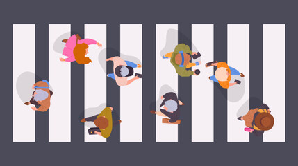 Pedestrians on crosswalk. People walking down the street top view, male and female passersby crossing road flat vector illustration. Characters crossing road view from above