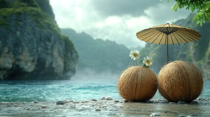 Serene beach scene with straw balls and an umbrella, daisies in the foreground, mountains in background